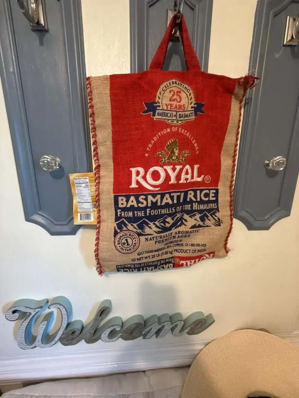 Royal Basmati Rice Upcycled Burlap Tote Bag with Zipper and Handles